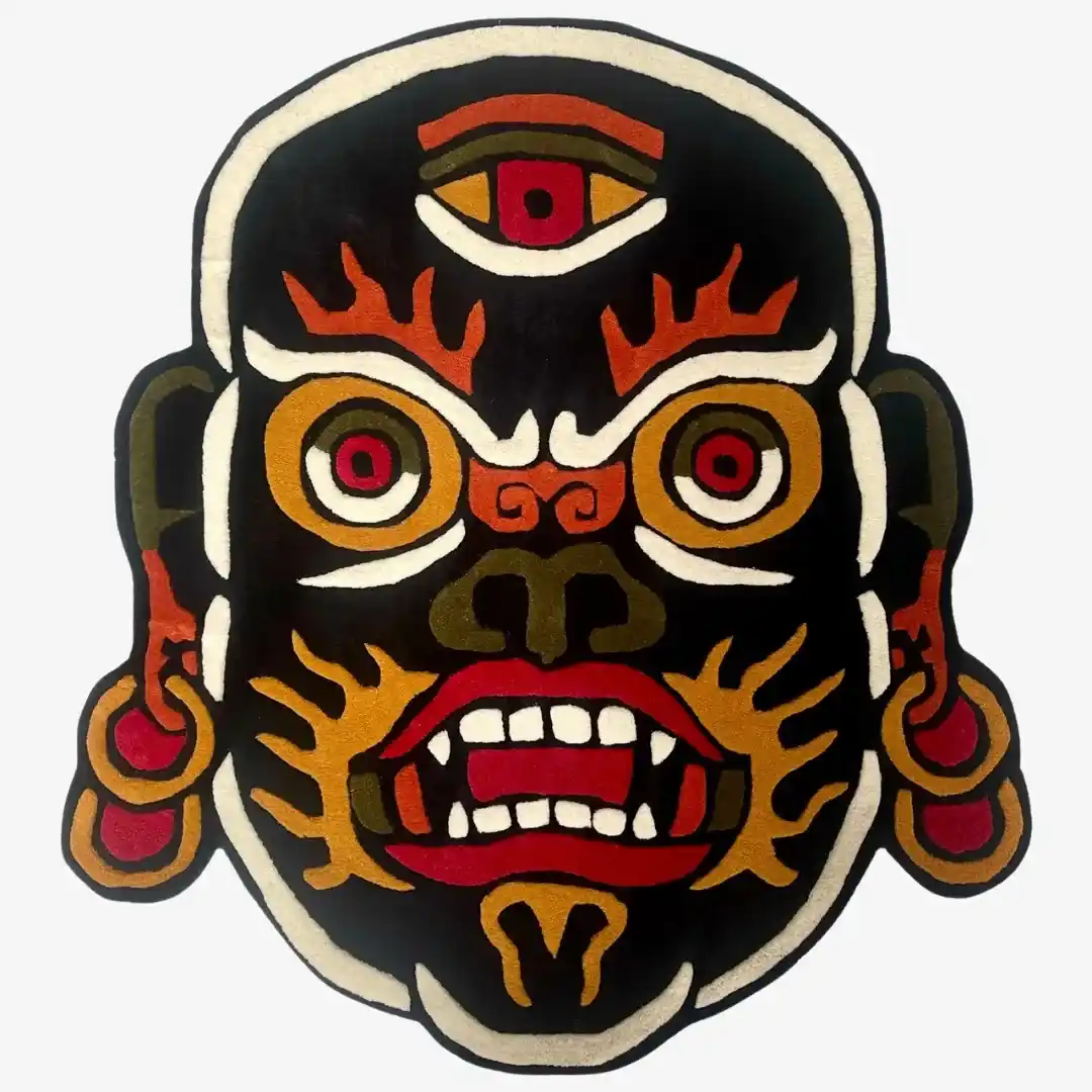 Mahakala Mask Area Rug – Tibetan-Inspired Black & Gold Rug with Fierce Deity Face, Soft & Durable