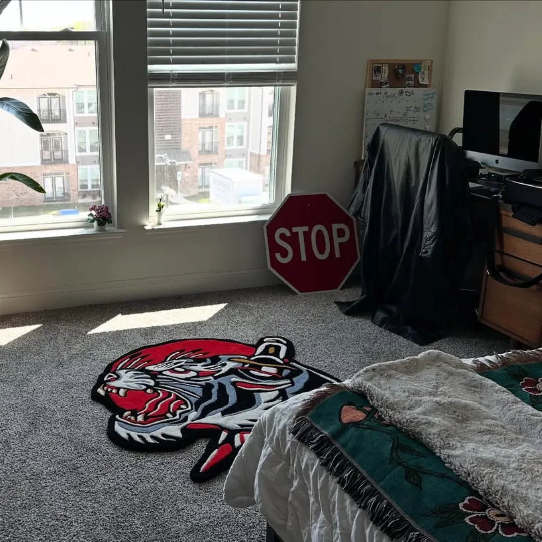 Sun Tiger Tattoo Rug Made from New Zealand Wool Placed in Customer House.