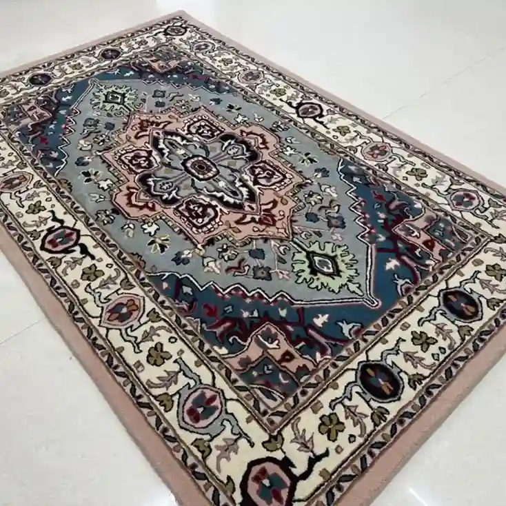 Vintage Floral Blue Hand-Tufted Rug with floral design and soft wool texture