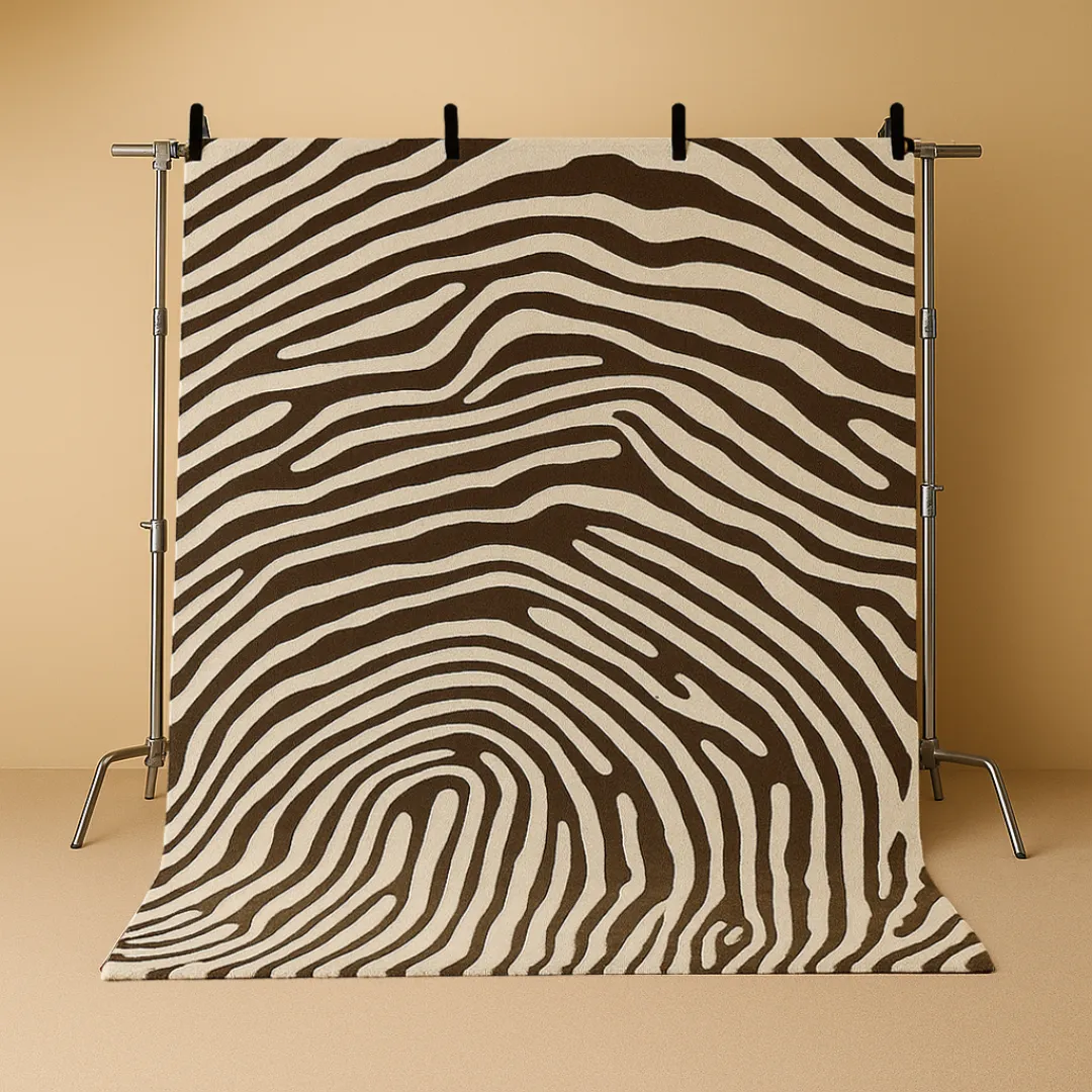 Modern abstract area rug in bold artistic patterns hanging for display – browse abstract rugs collection