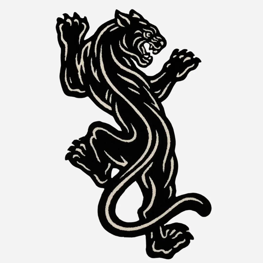Tattoo-style leaping panther rug with claws and fangs