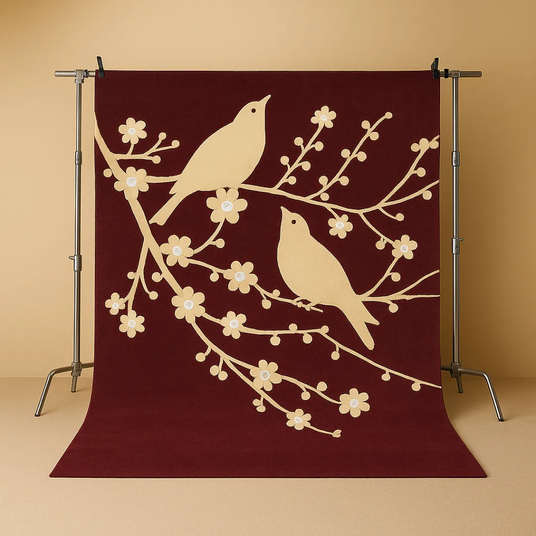 Premium designer rug with intricate detailing displayed on hanger – explore designer area rugs from Sneagear