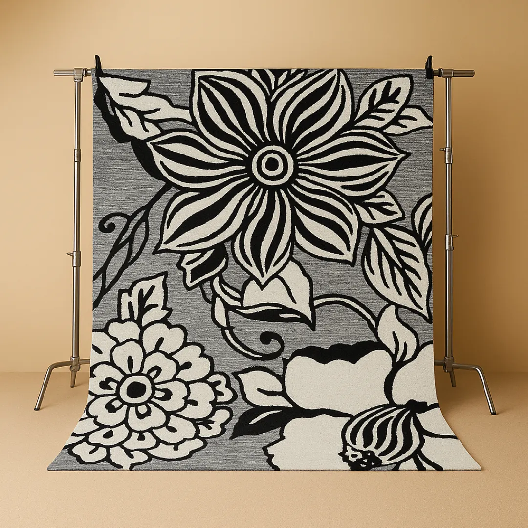 Hand-tufted floral rug with blooming patterns hanging on wooden hanger – shop floral area rugs at Sneagear