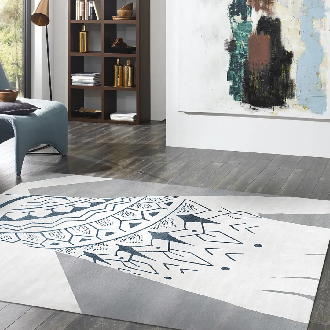 Hand-tufted wool rug with tattoo-inspired design