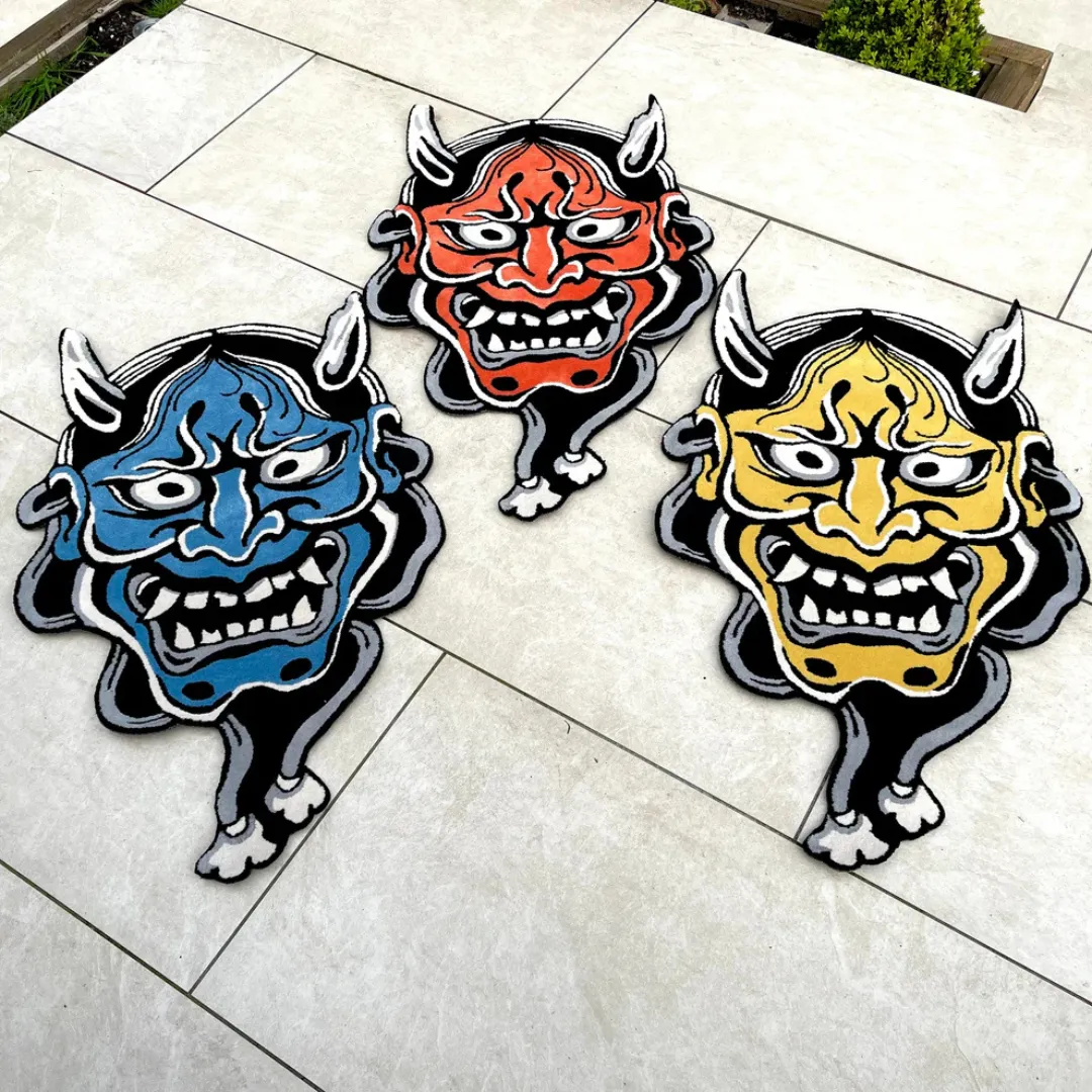 Custom-shaped Multicolor Hannya Mask Rug made from wool