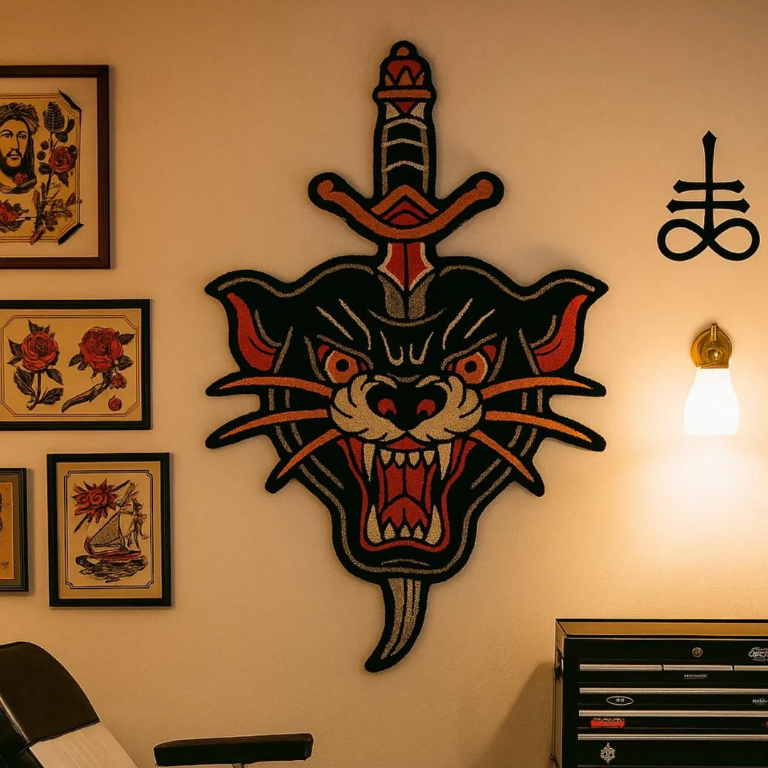 Custom-shaped rug featuring fierce black panther and dagger