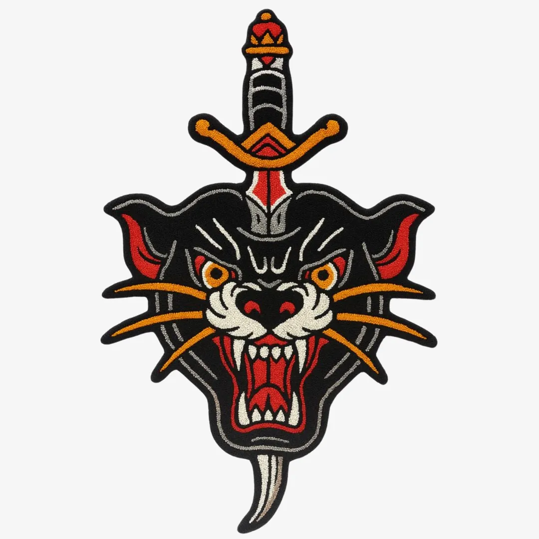 Panther head rug with dagger design in bold tattoo style