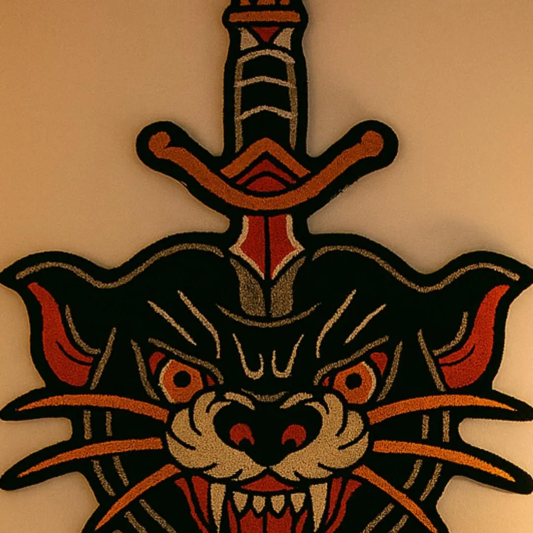 Decorative area rug showing angry panther face with sword
