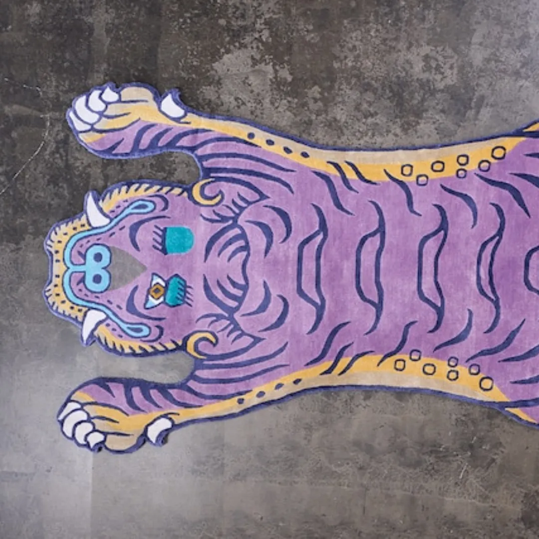 Purple Tibetan Tiger Rug with traditional tiger design and vivid yellow, teal, and navy details