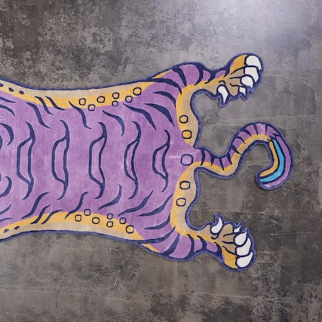 Custom-sized Tibetan Tiger Rug in purple with gold, navy, and teal details