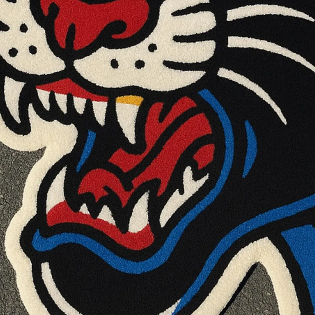 Custom-shaped roaring panther rug for bold interior decor