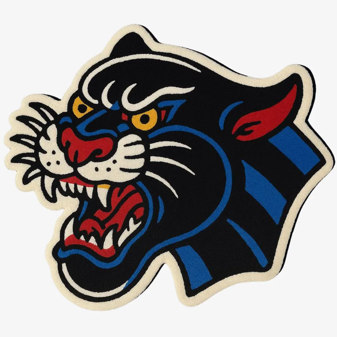 Fierce panther head rug with roaring mouth and yellow eyes