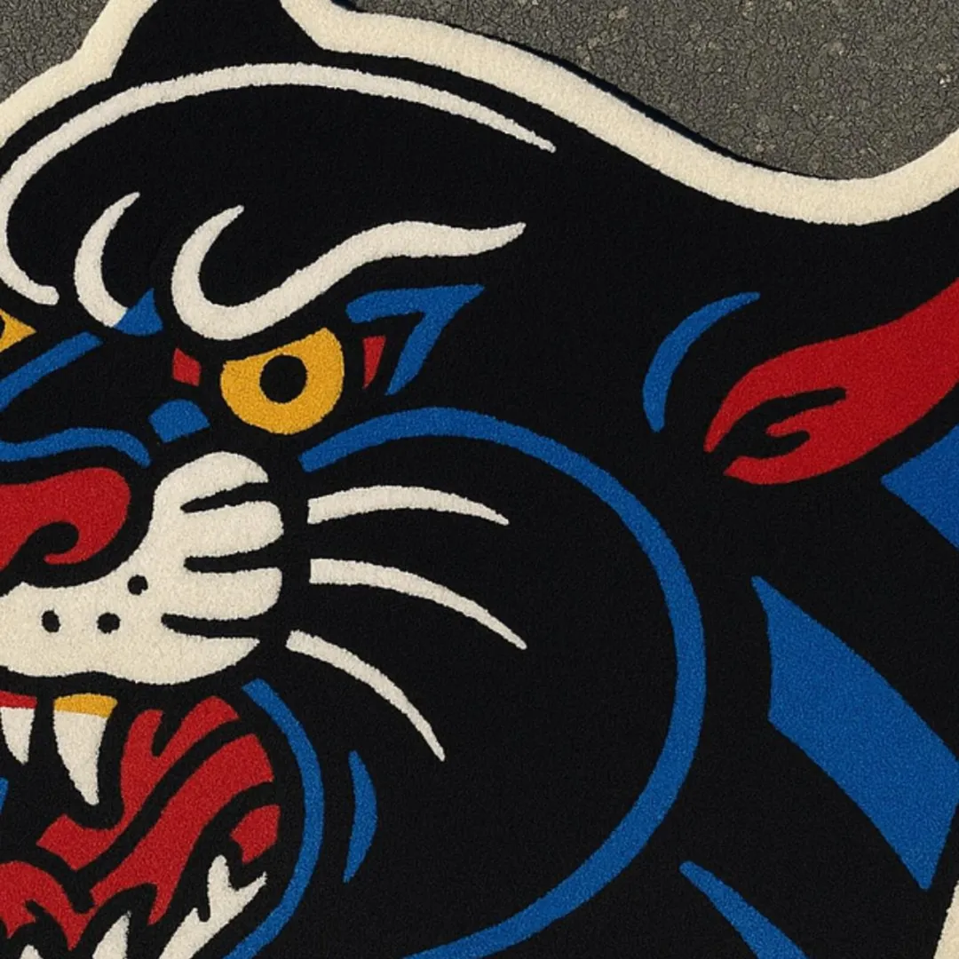Panther rug with open mouth and intense eyes in tattoo art style