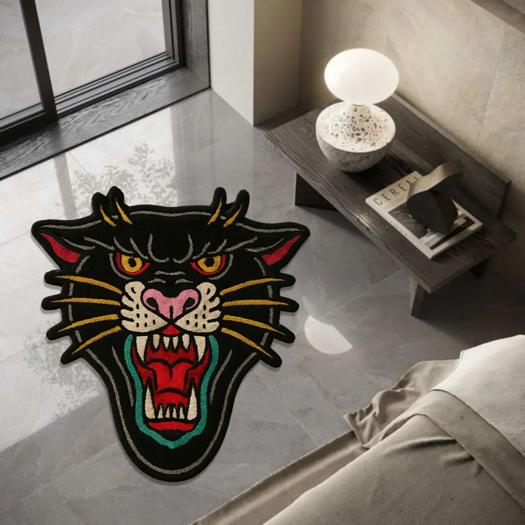 Panther rug with fangs, pink nose, and vintage flash art look