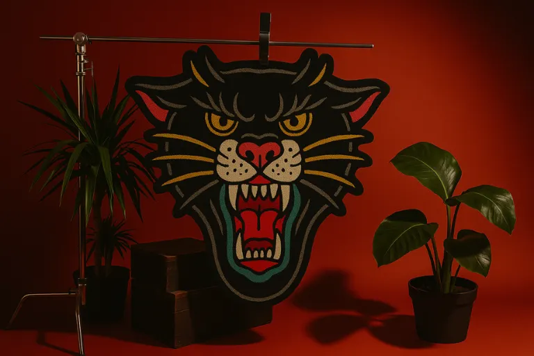 Bold panther tattoo rug with traditional ink-style detailing displayed on wooden hanger – explore tattoo rugs at Sneagear