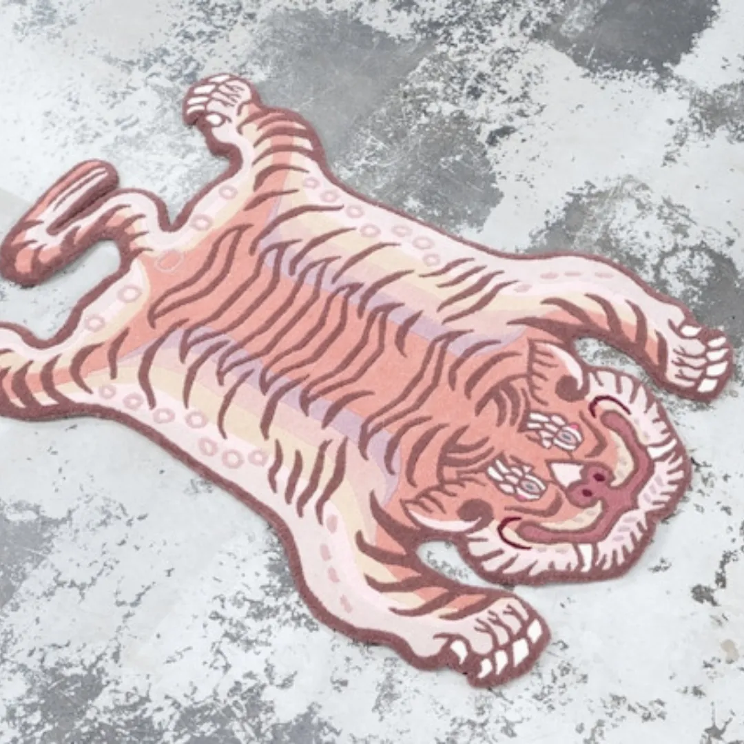 Blush pink Tibetan tiger rug in soft pastel shades