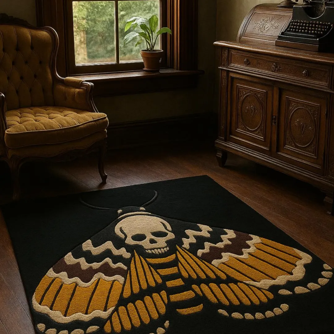 Gothic-inspired skull moth tattoo rug with vibrant details