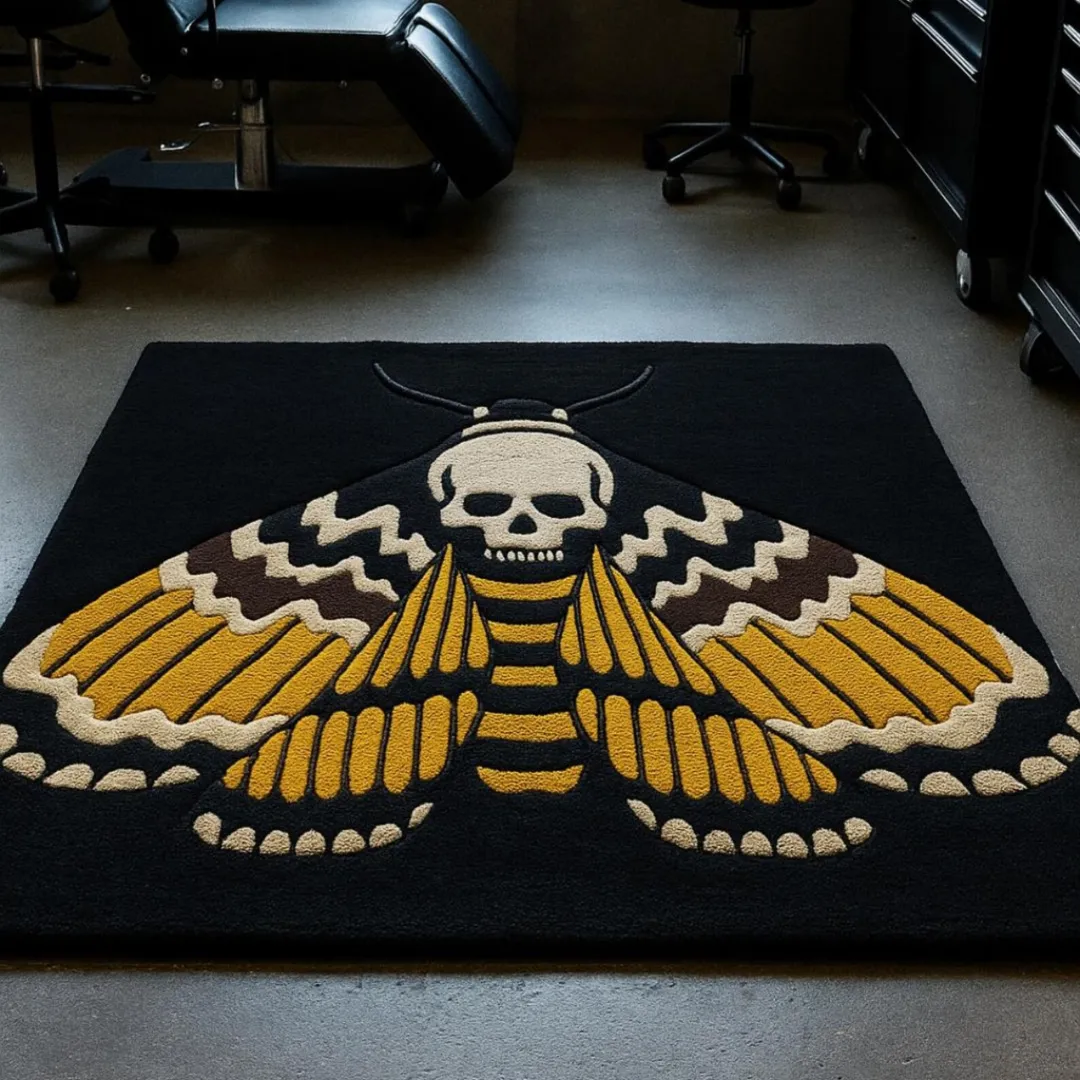 Gothic tattoo-style skull moth wool rug in black, yellow, and brown