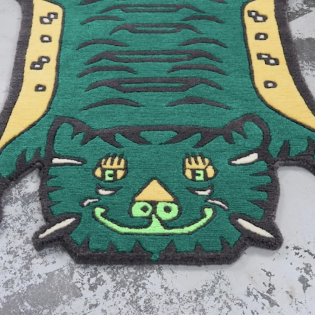 Green tiger-shaped rug styled in a modern creative room