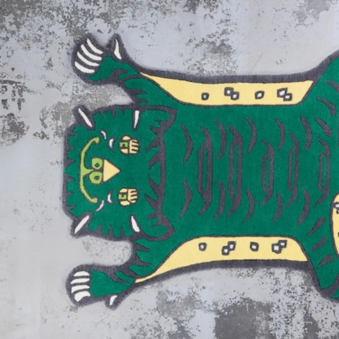 Green tiger-shaped rug styled in a modern room