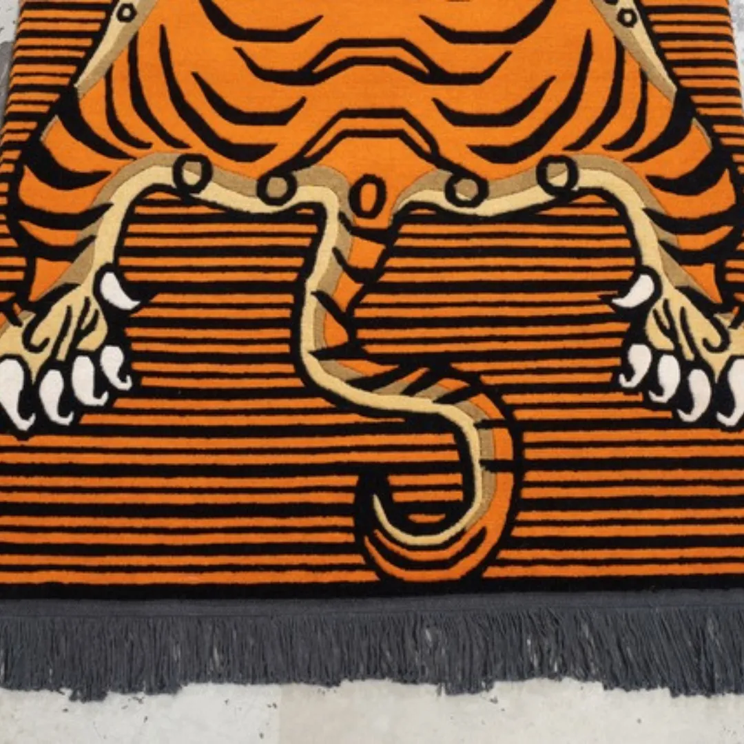 Orange Tibetan tiger rug with black stripes
