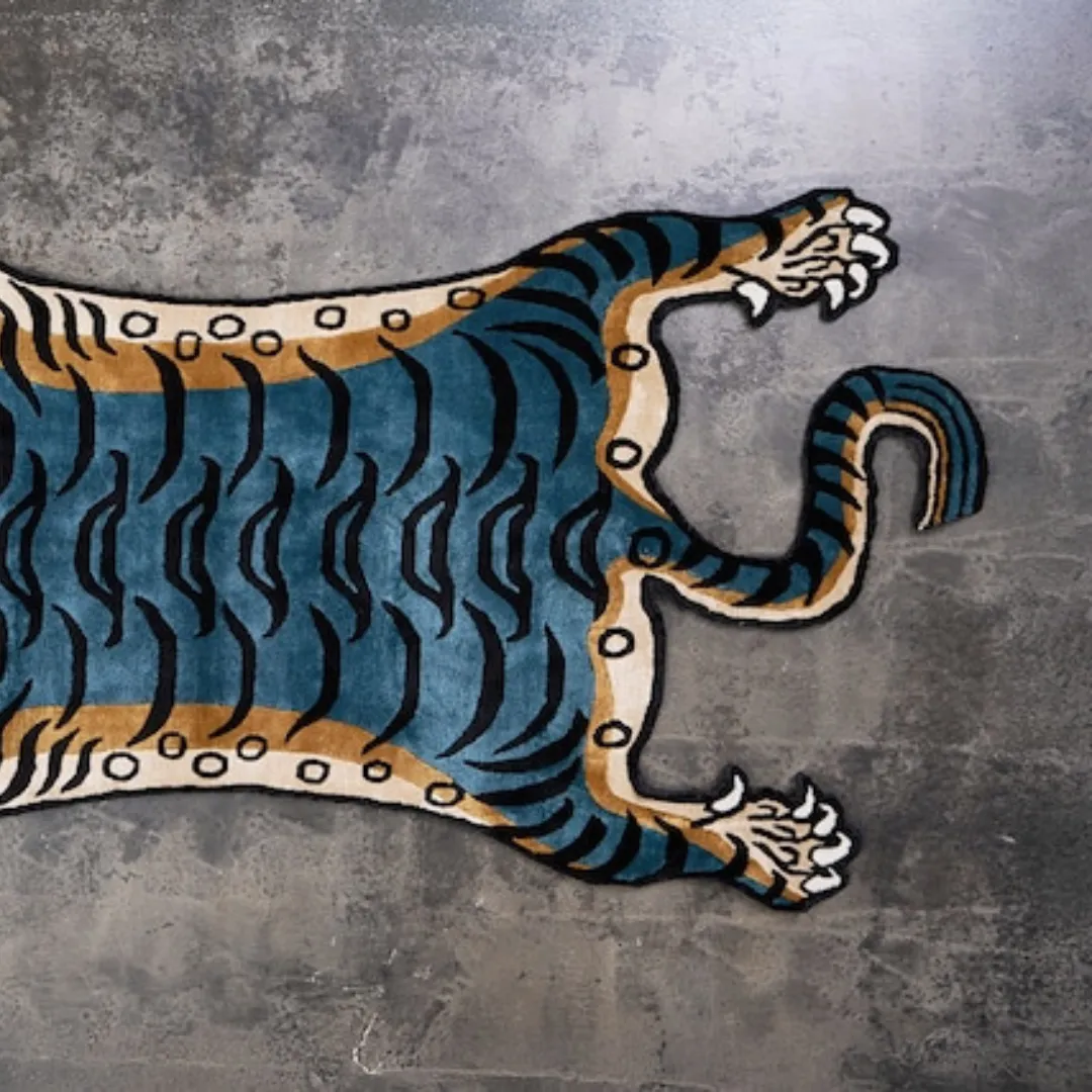 Vintage-style tiger skin rug crafted by Tibetan artisans