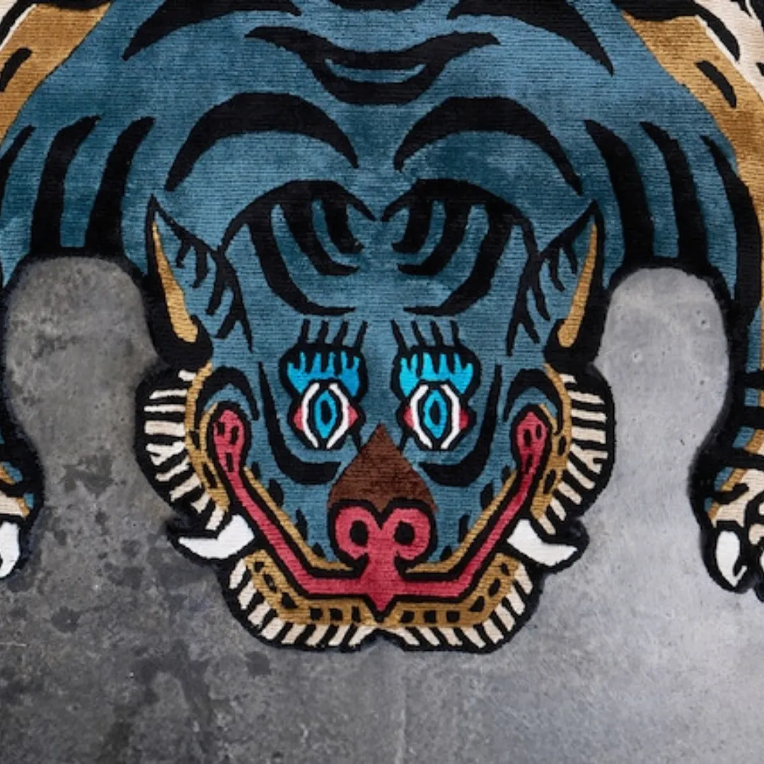 Tibetan tiger rug used as bold floor decor in living room