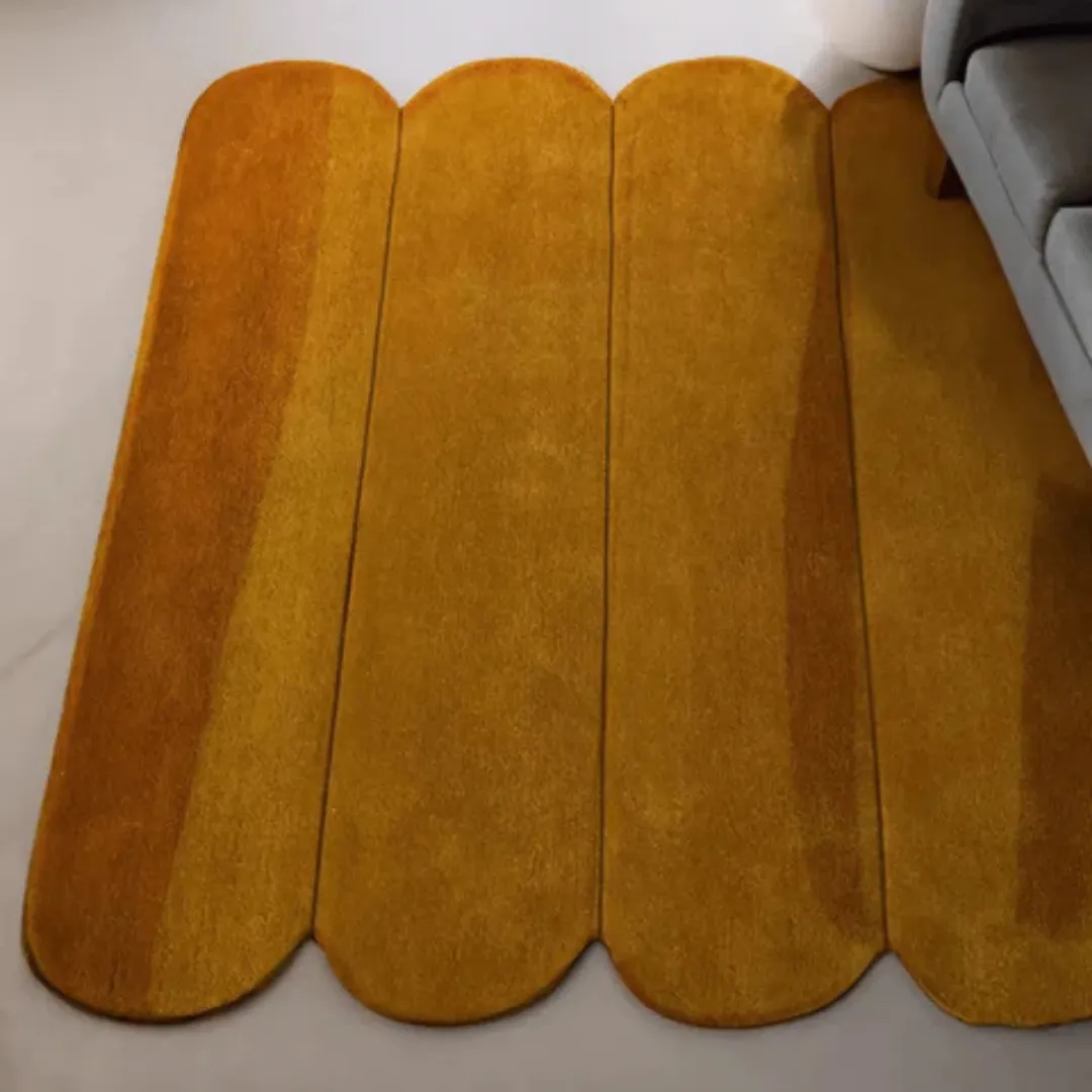 Modern area rug with smooth velvet texture and unique layered design.