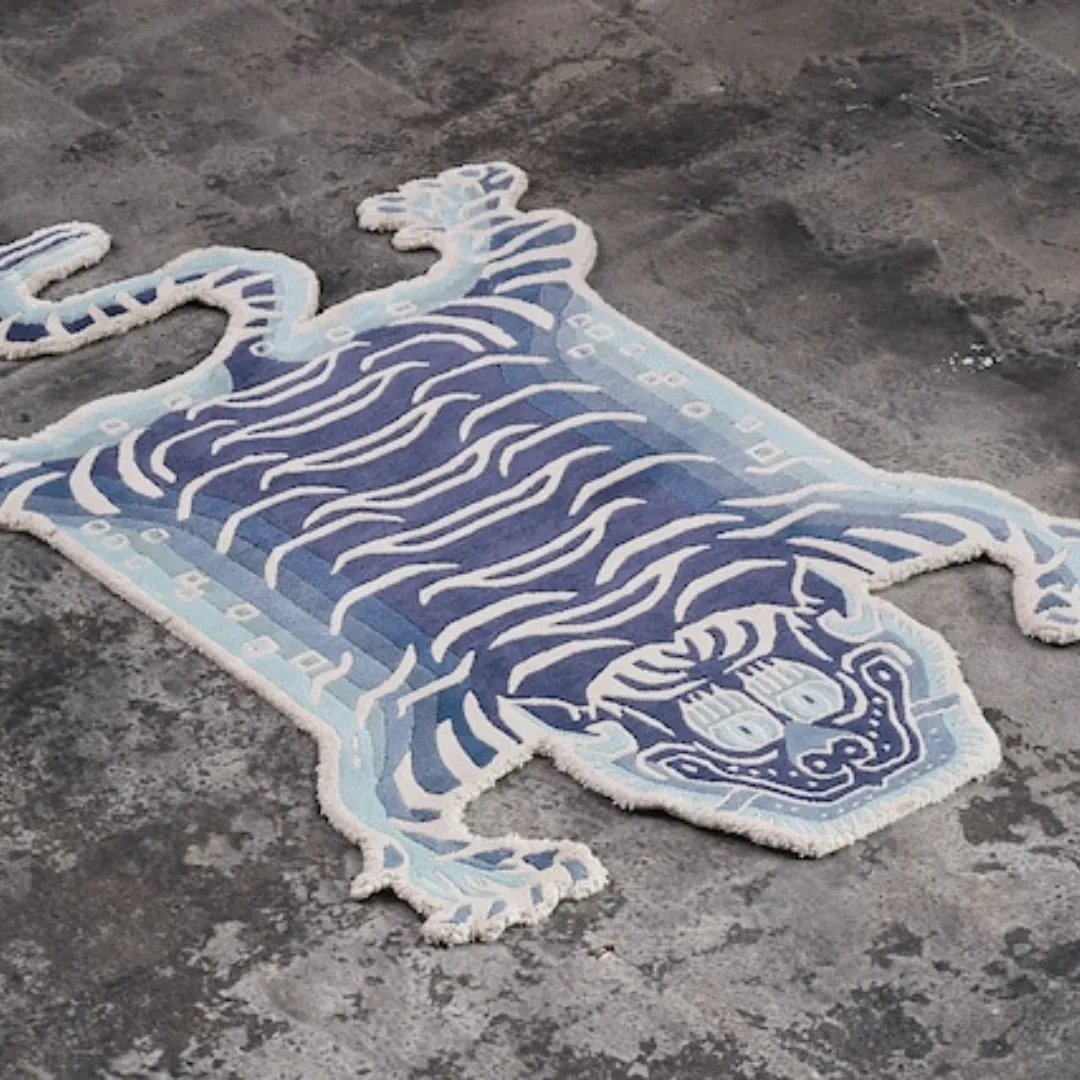 Blue Tiger Stripes Wool Rug with traditional Tibetan design