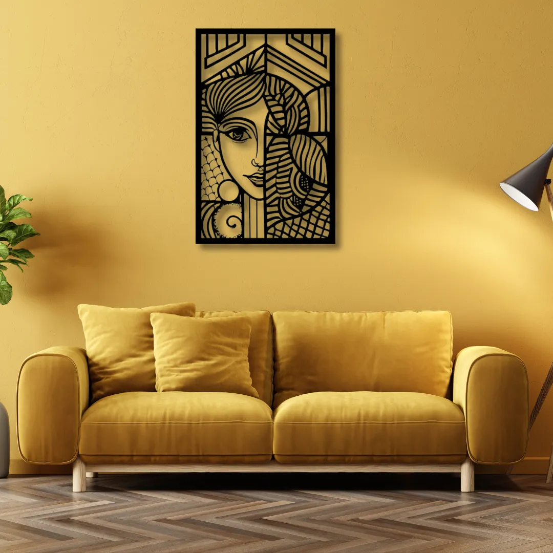 Cubist Muse Silhouettes Modern cubist-inspired black metal wall art with woman portrait