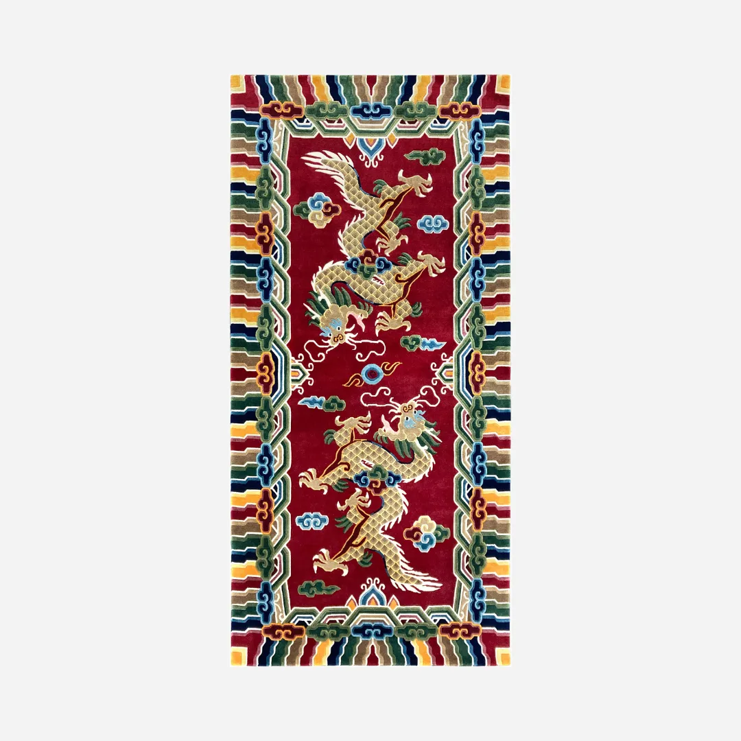 Chinese golden dragon rug with intricate design and colorful cloud motifs.