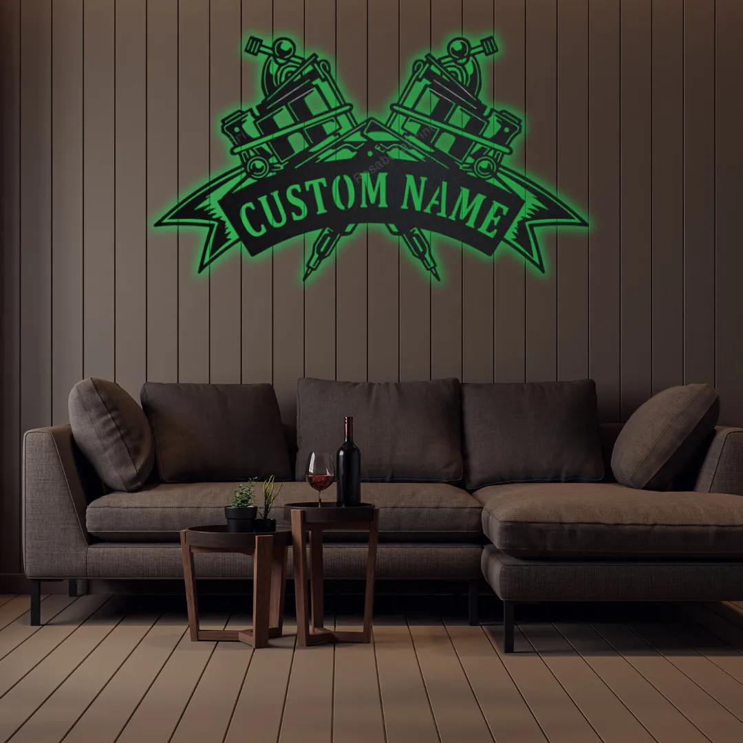 Geen Inked Legacy Silhouette Black Metal Sign Industrial tattoo parlor wall decor with custom engraving.