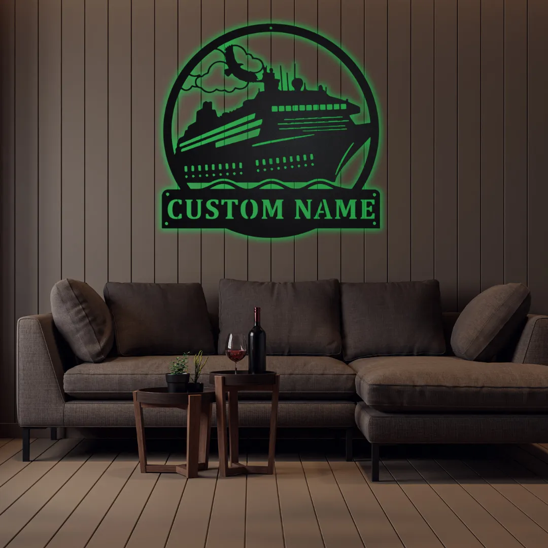 Green Ocean Voyage Silhouette Metal wall hanging with cruise ship and waves design.