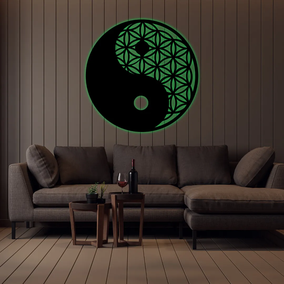 Green Yin-Yang Bloom Silhouette Customizable modern metal art symbolizing balance and unity.