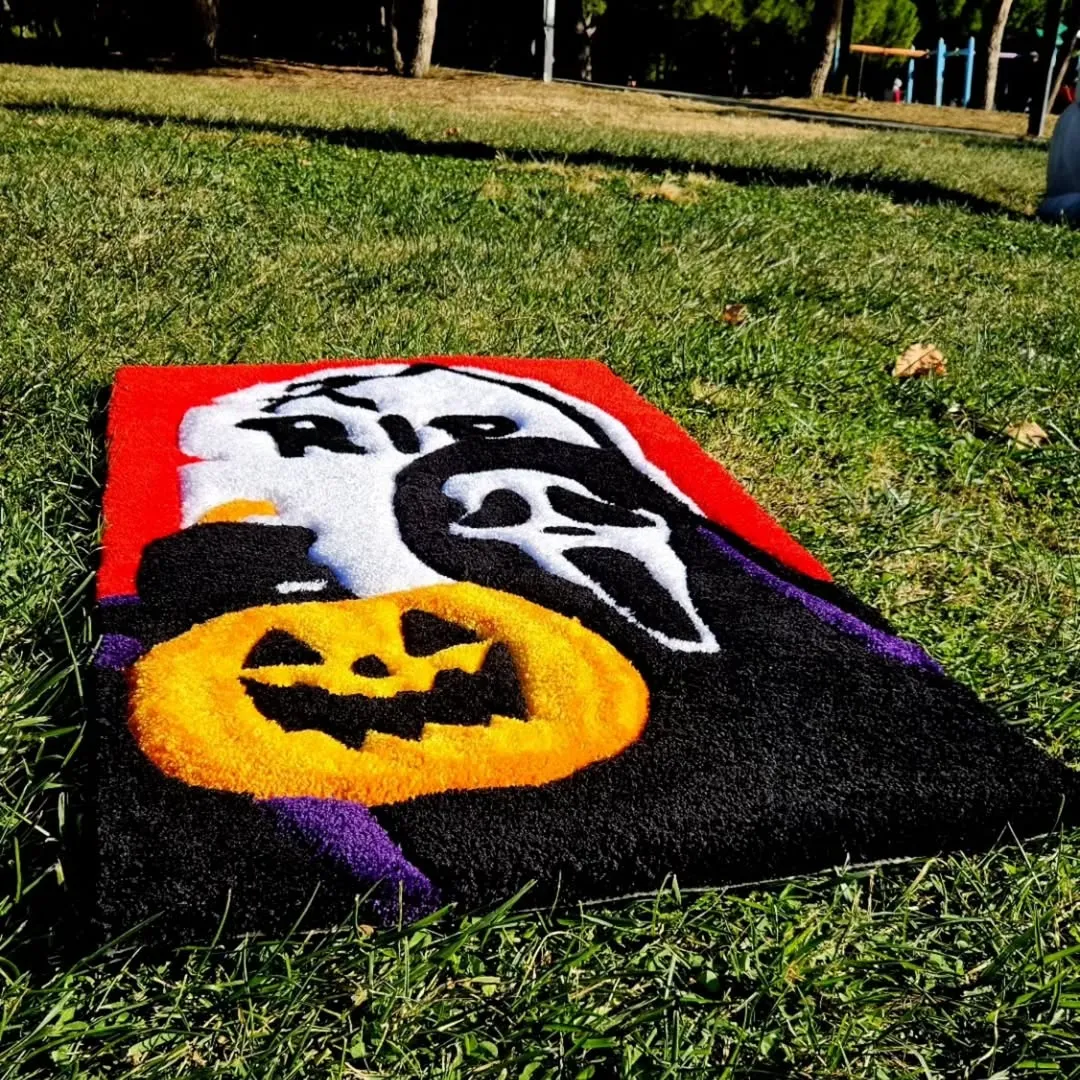 Ghost, pumpkin, and RIP gravestone Halloween wool rug