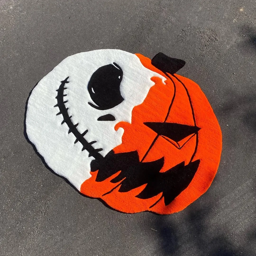 Haunting pumpkin and skull Halloween rug with vibrant colors