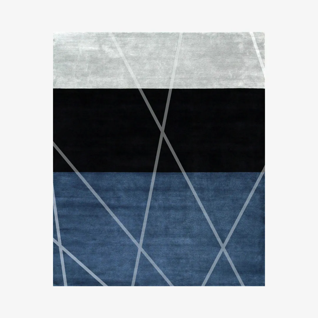 Geometric rug with intersecting lines and abstract pattern.
