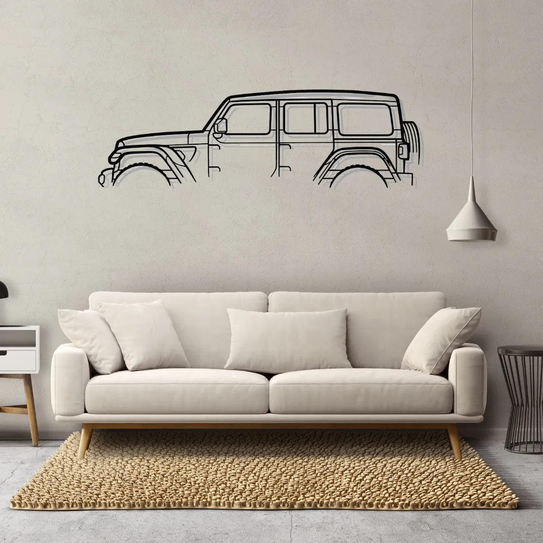 Jeep Wrangler Silhouettes Jeep Wrangler metal wall art in matte black, off-road SUV silhouette decor above yellow sofa