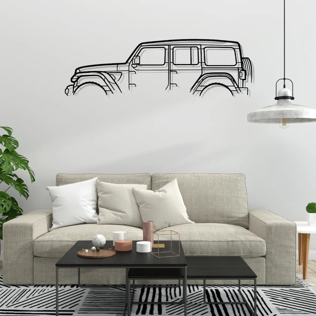 Jeep Wrangler Jeep Wrangler metal wall art in matte black, off-road SUV silhouette decor above white sofa