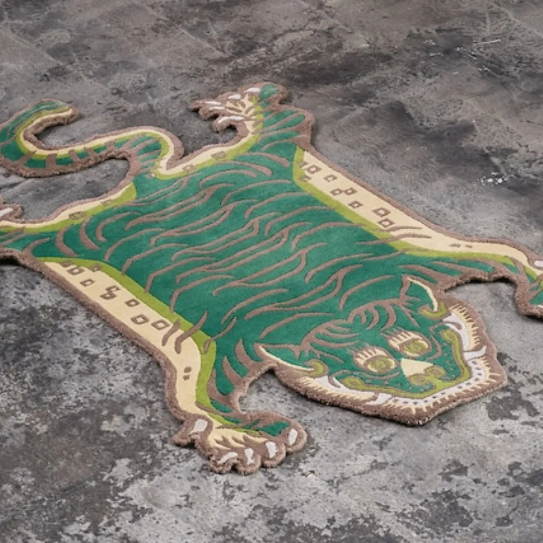 Jungle Guardian Tiger Wool Rug with bold green tiger design and geometric frame