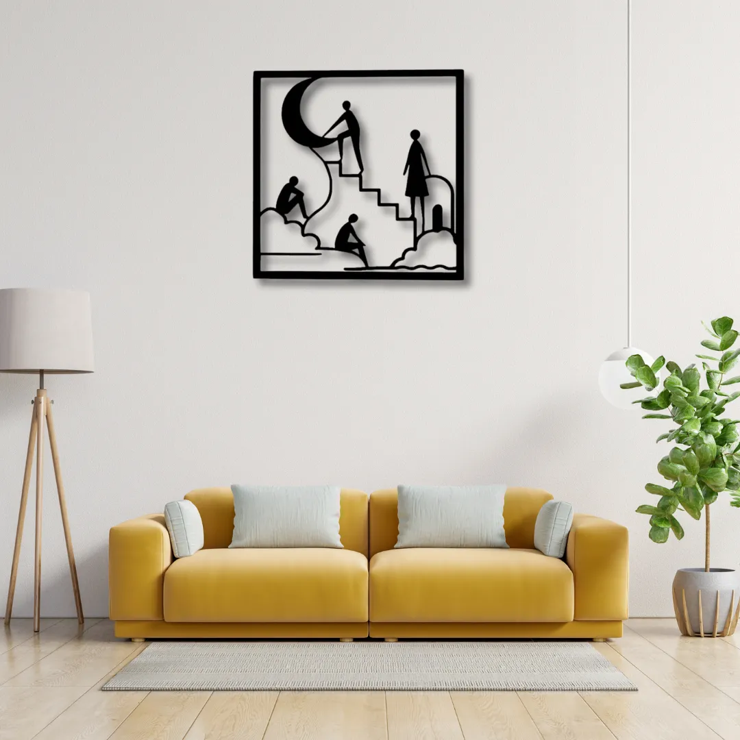 Moon Stairway Silhouette Stairway to the Moon metal wall decor above modern yellow sofa