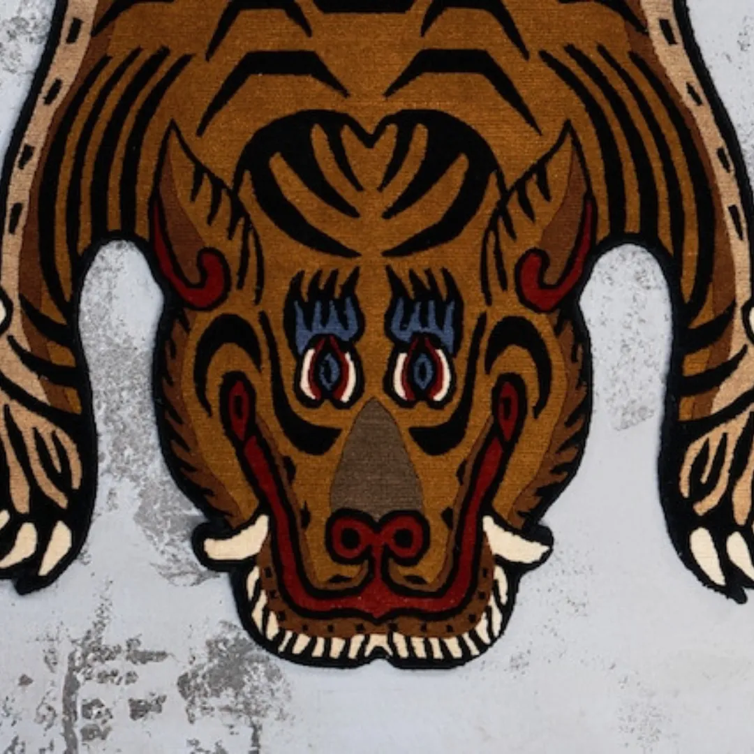 Unique Tibetan Tiger design in wool rug, perfect for modern spaces