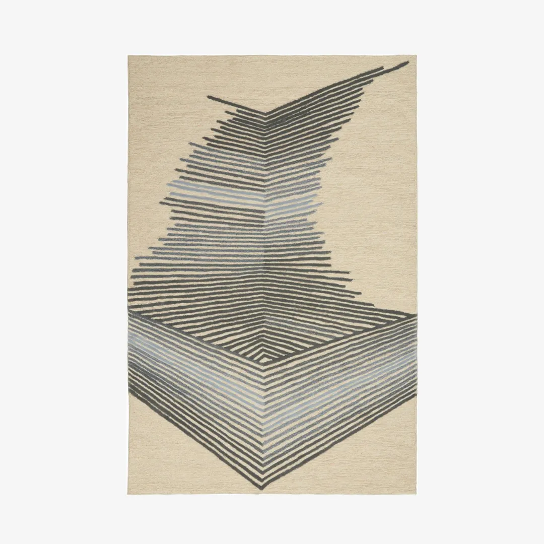 Modern abstract rug featuring optical illusion box design in gray and beige.