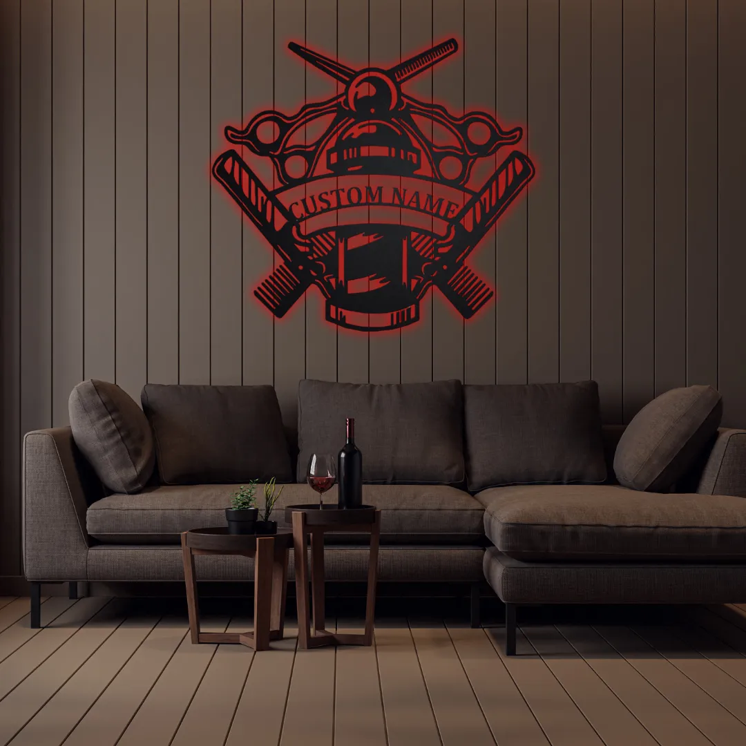 Red Barber Forge Silhouette Industrial barbershop wall decor with professional tools design.