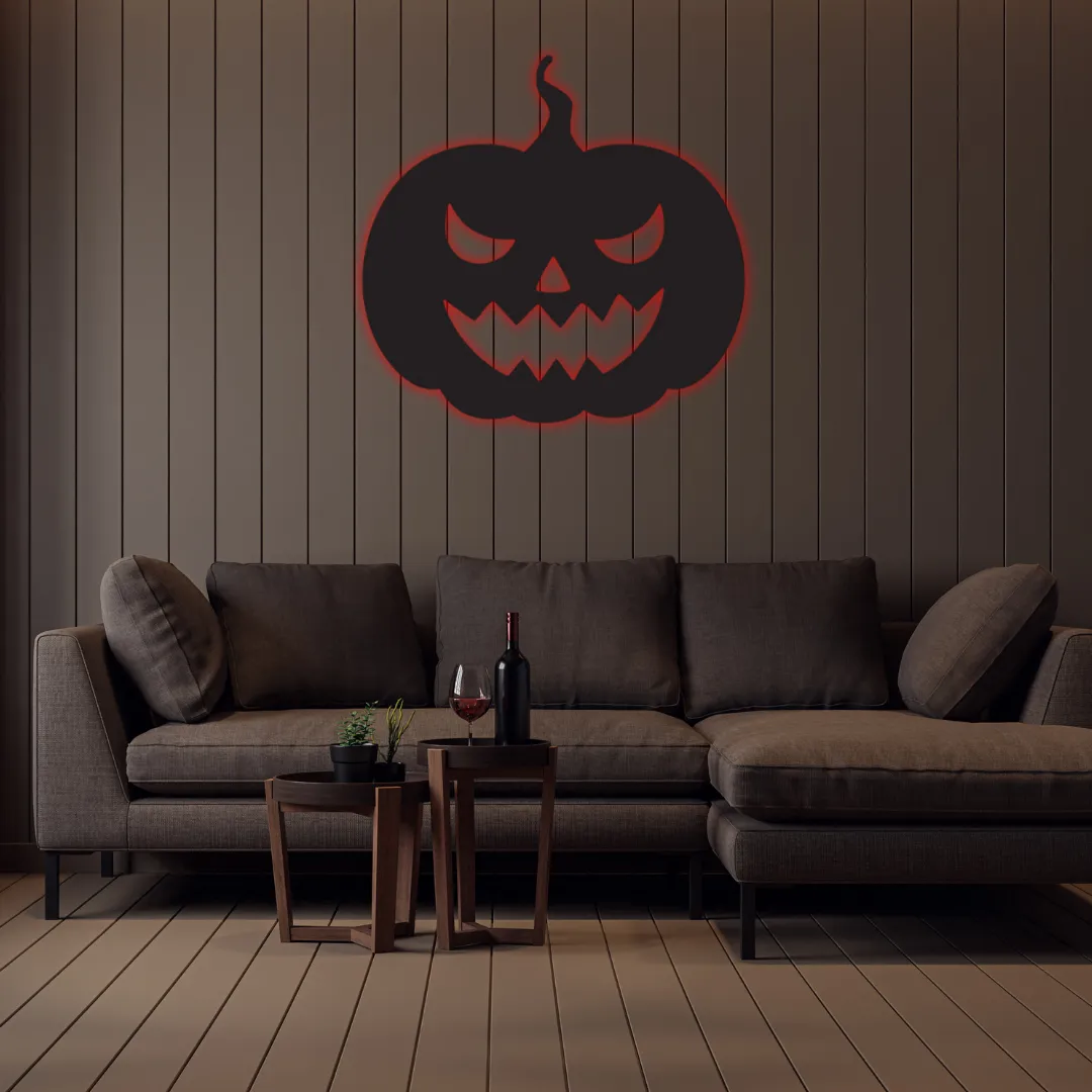 Red Pumpkin Fright Silhouette Spooky Halloween pumpkin metal wall hanging above sofa