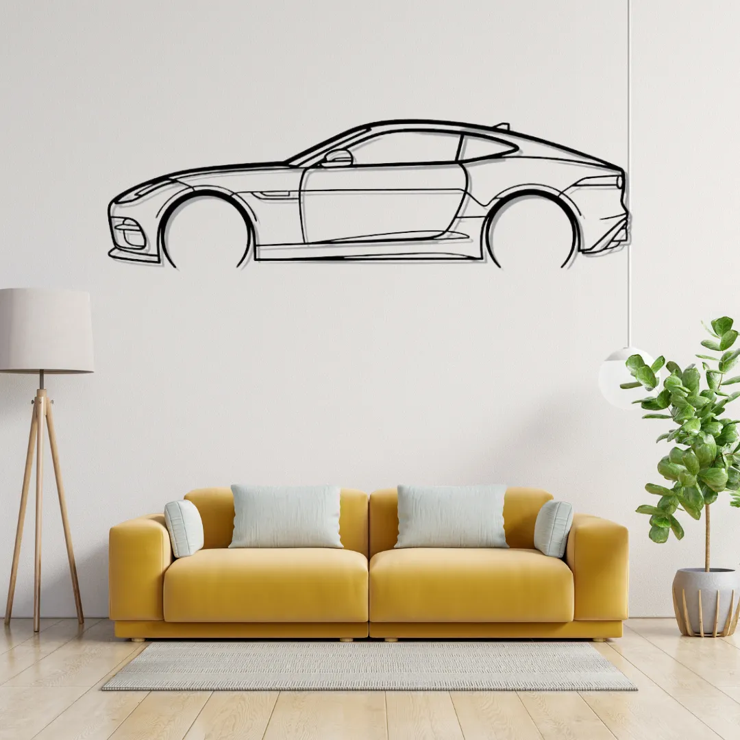 Sports Car Coupe Silhouette Sports car coupe metal wall art in matte black, luxury car silhouette decor above yellow sofa in modern living room.