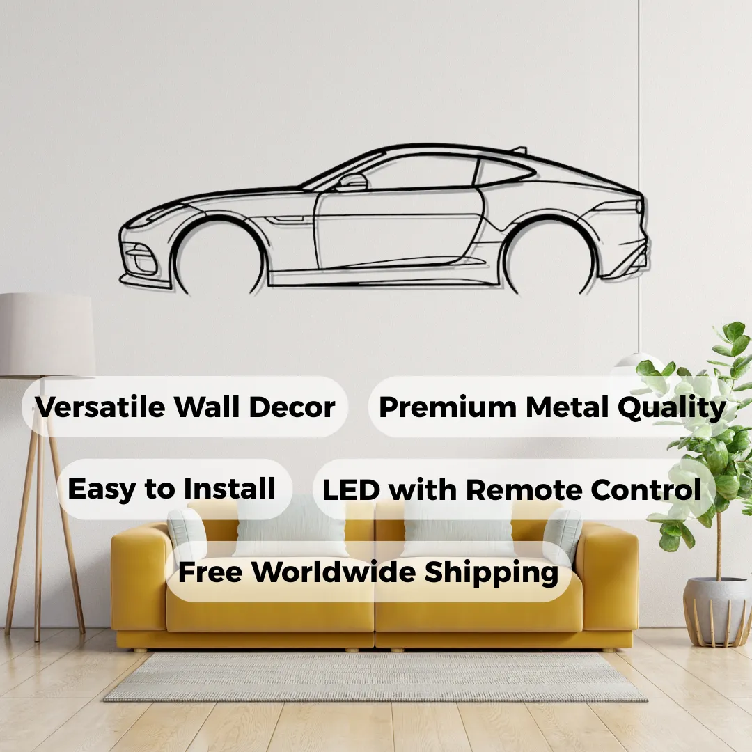 Sports Car Features Sports car coupe metal wall art in matte black, luxury car silhouette decor above yellow sofa in modern living room.