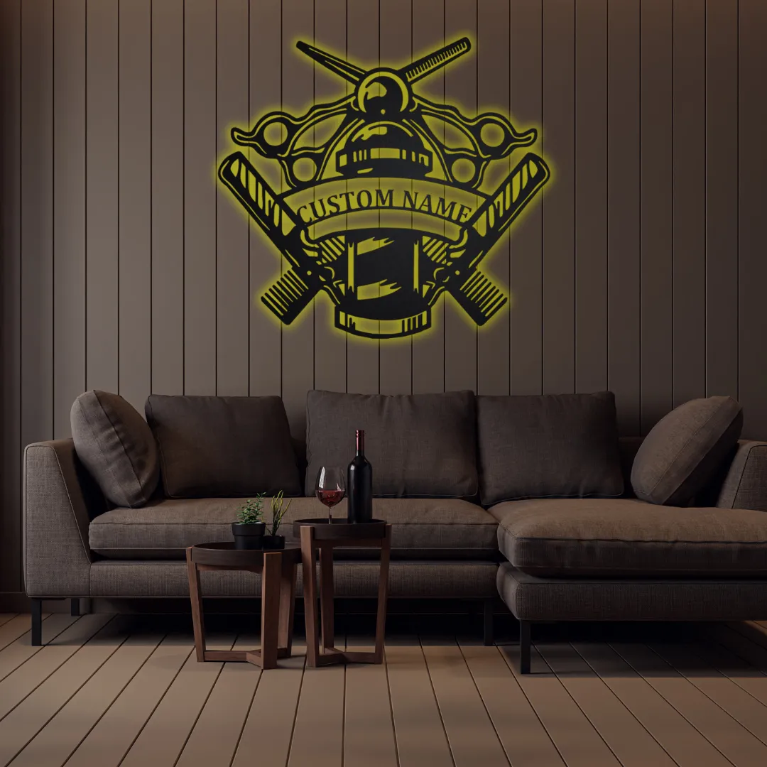 Yellow Barber Forge Silhouette Yellow Industrial barbershop wall decor with professional tools design.