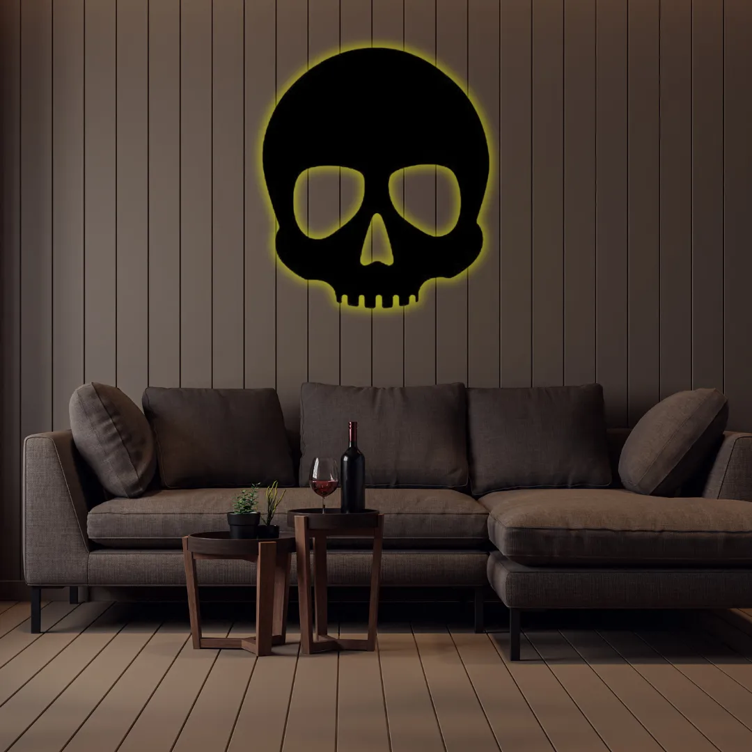 Yellow Midnight Skull Silhouette Minimalist gothic skull design black metal wall art