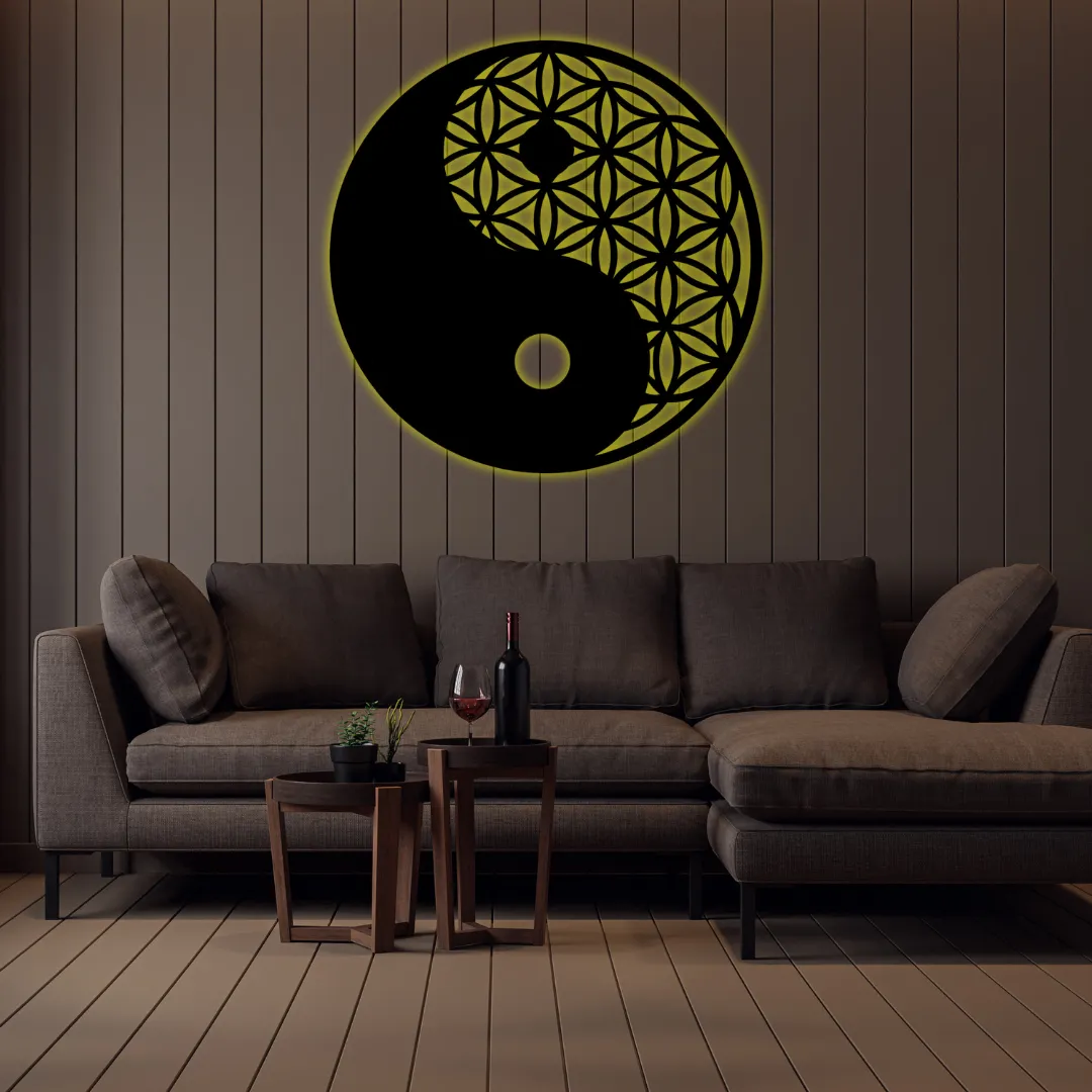 Yellow Yin-Yang Bloom Silhouette Yellow Customizable modern metal art symbolizing balance and unity.